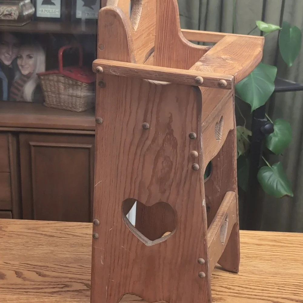 Vintage Wooden Doll High Chair Brown Heart Cutouts Doll Furniture
